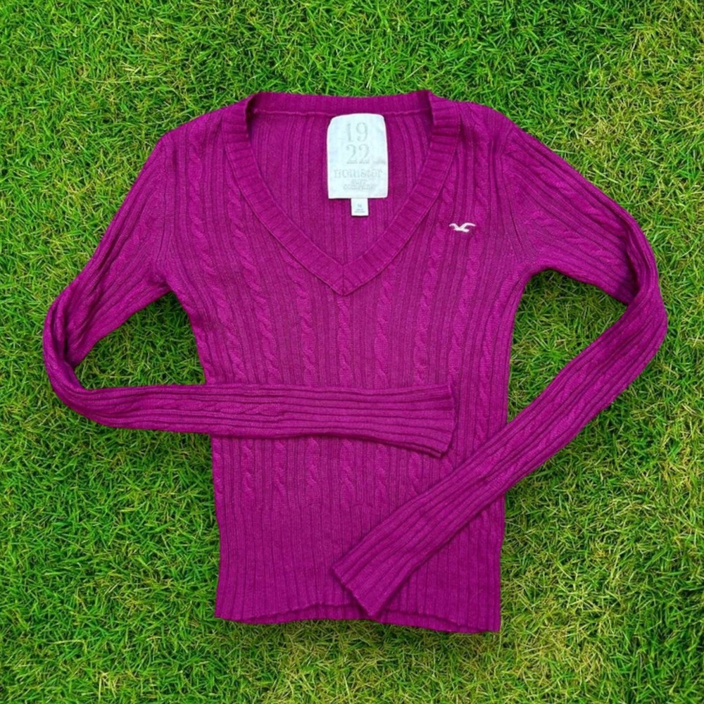 Y2K Hollister v-neck striped layering rabbit hair pink sweater medium